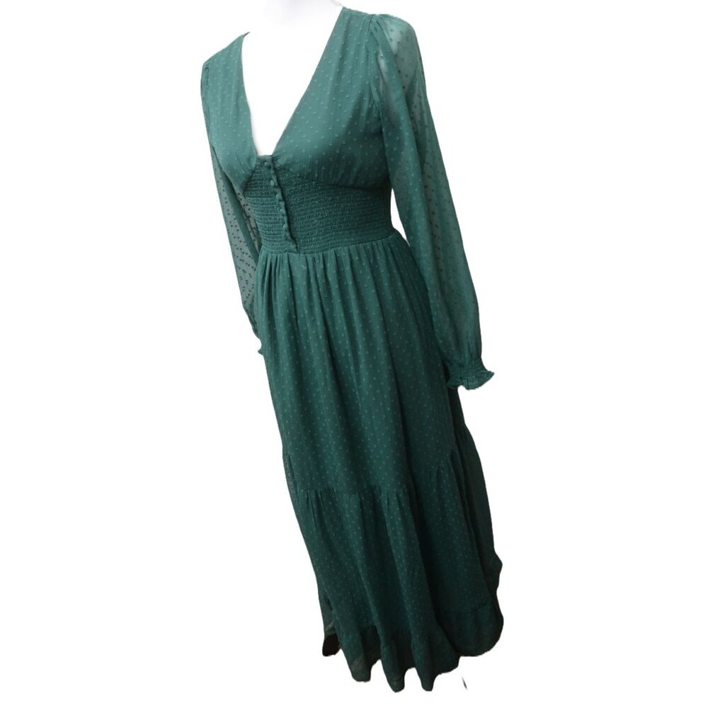Patrons of Peace Altura Maxi Dress Green Swiss Dot‎ Puff Sleeve Boho Fairy SM - Picture 2 of 13